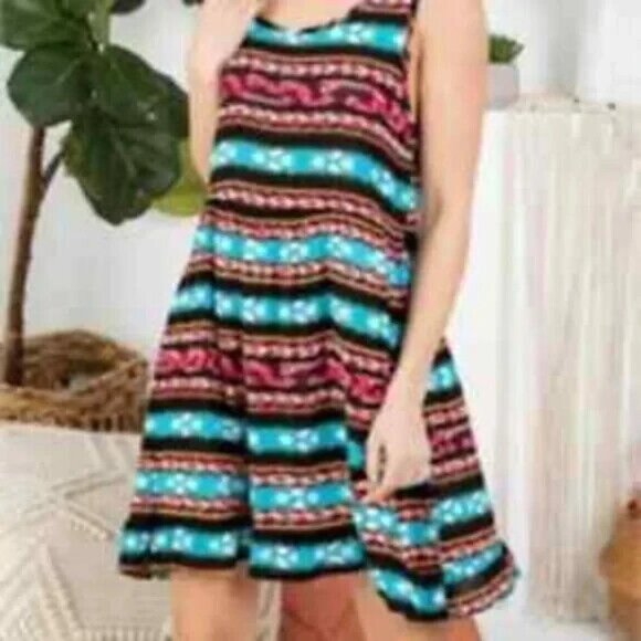 Aztec Tribal Print Mini Sundress Sleeveless Boho Summer - Picture 6 of 10